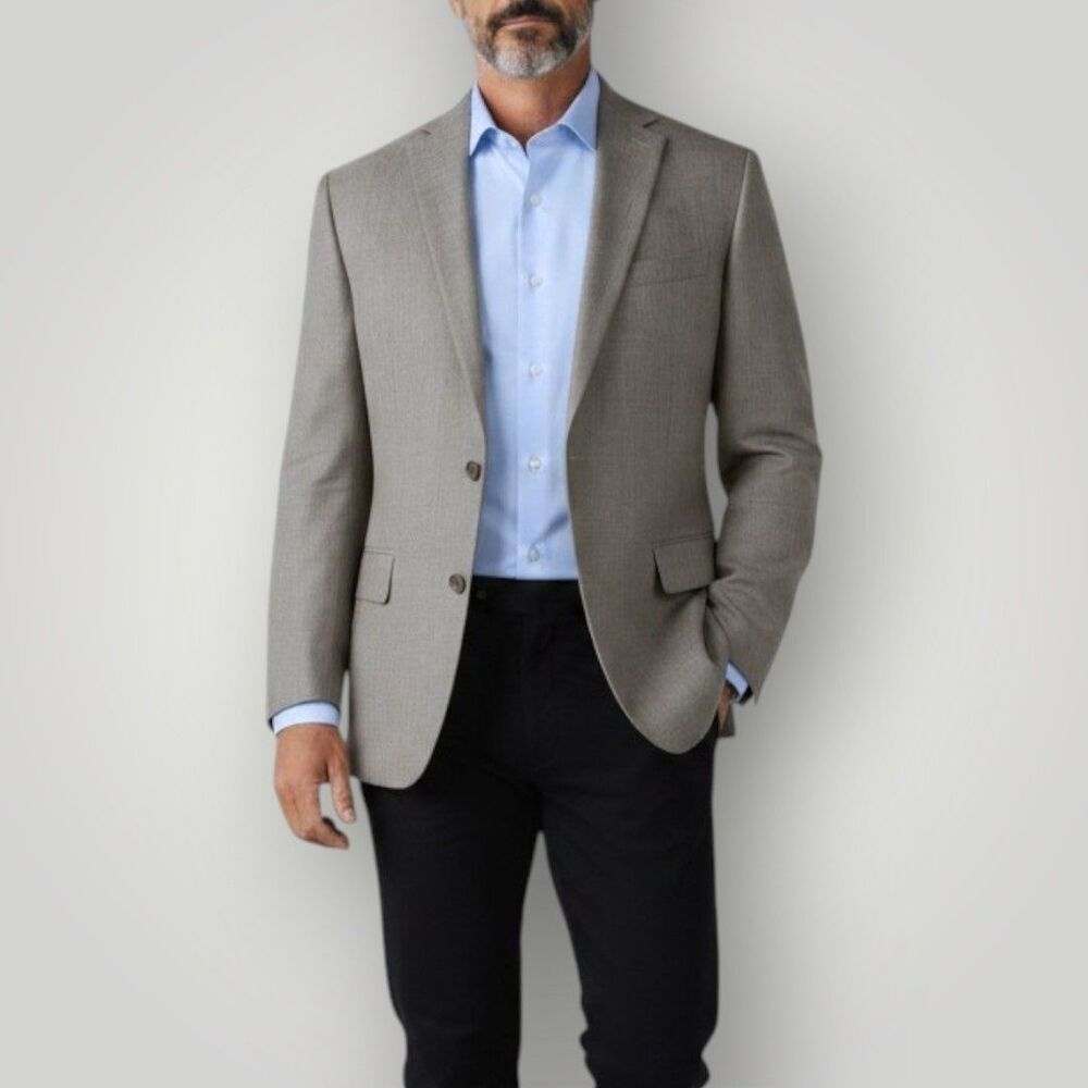 CHAPS Mens Blazer 44R Sport Coat Two Button Beige/Tan Linen Blend Jacket